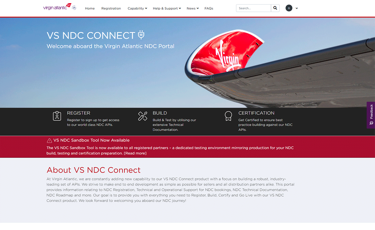 Virgin Atlantic NDC Connect Portal built with Webcore