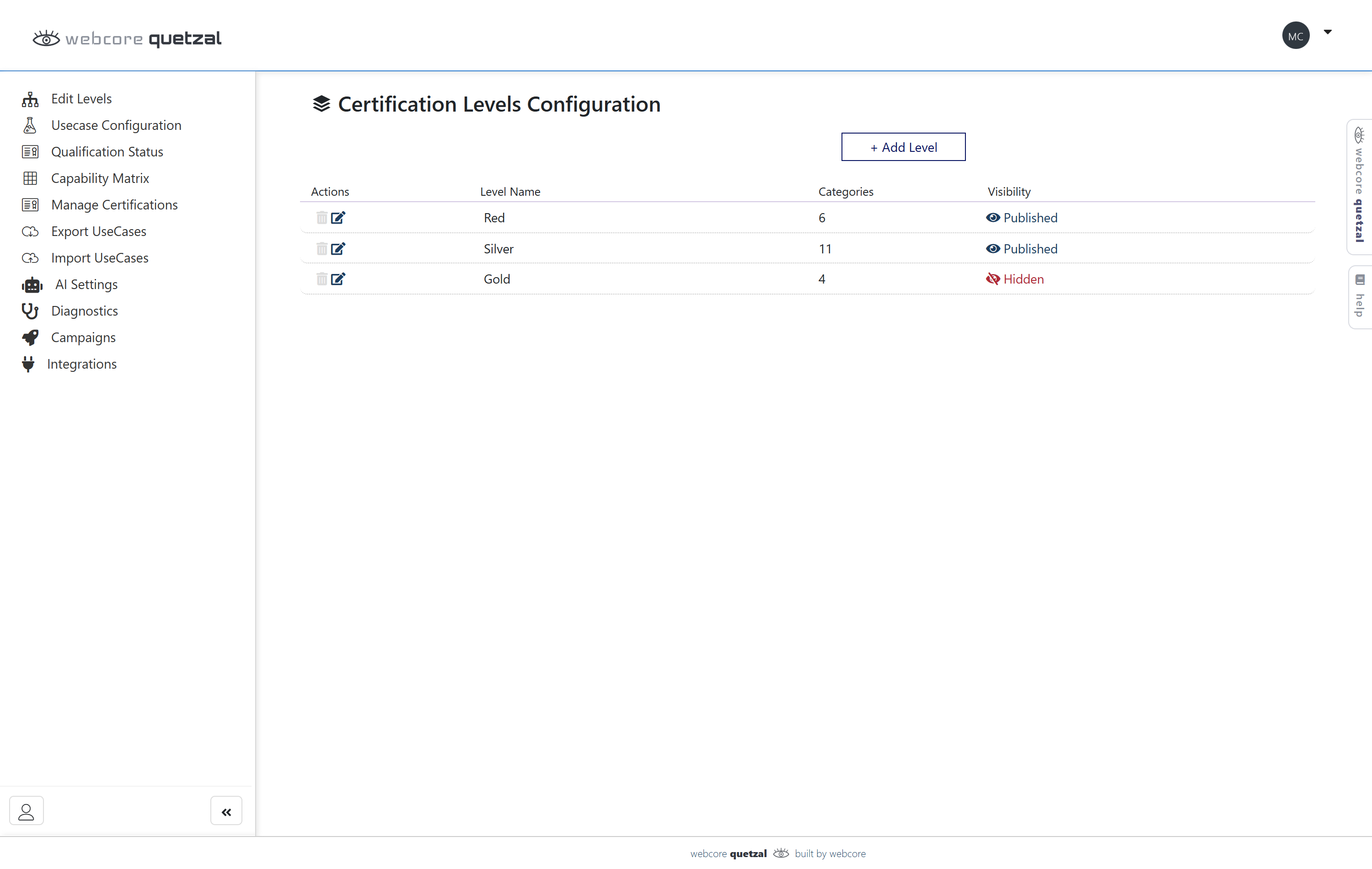 webcore certifi programme administration screen for managing certification levels, categories and use cases