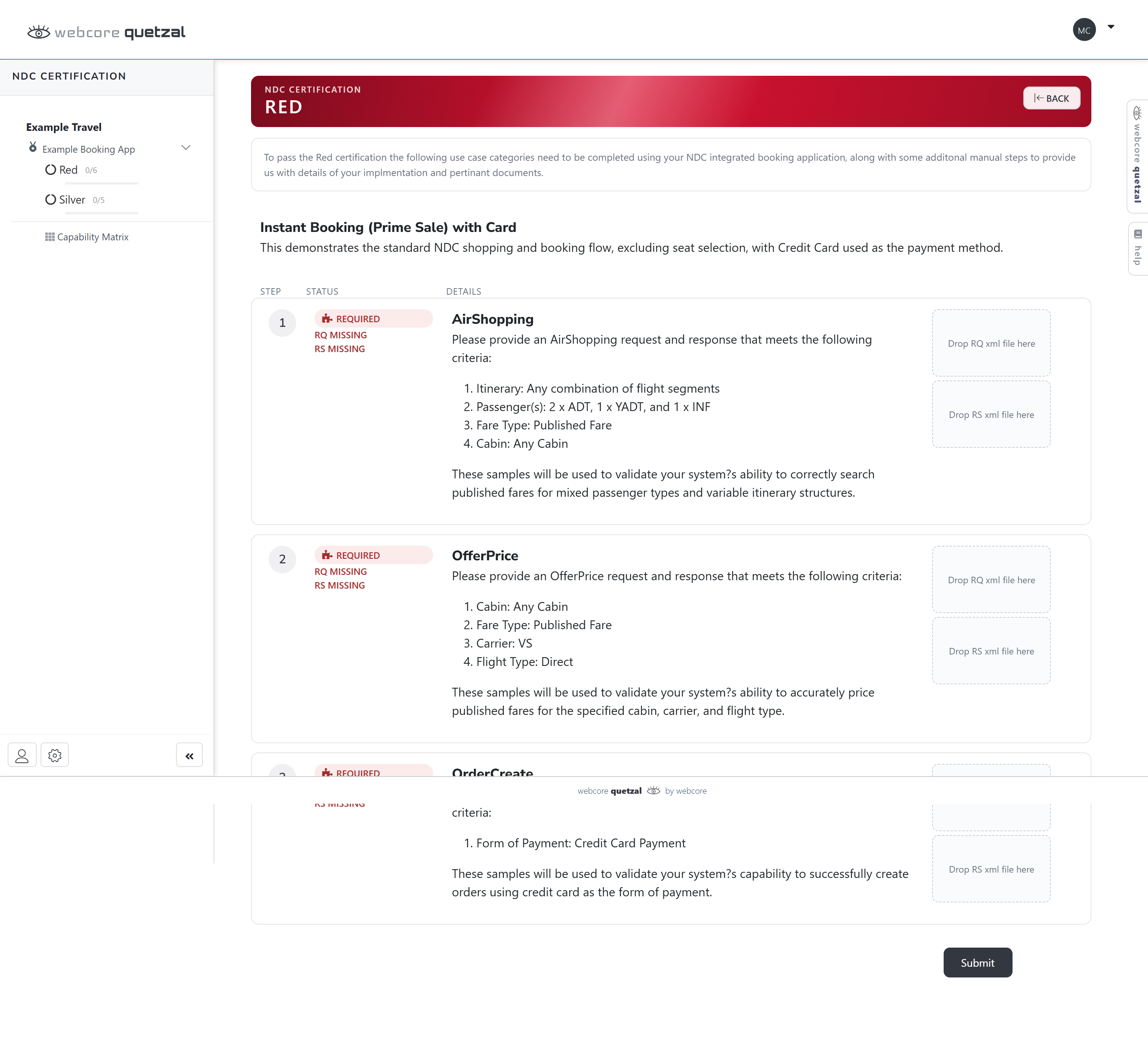 webcore certifi step detail showing the requirement, captured request and response, and the validation result