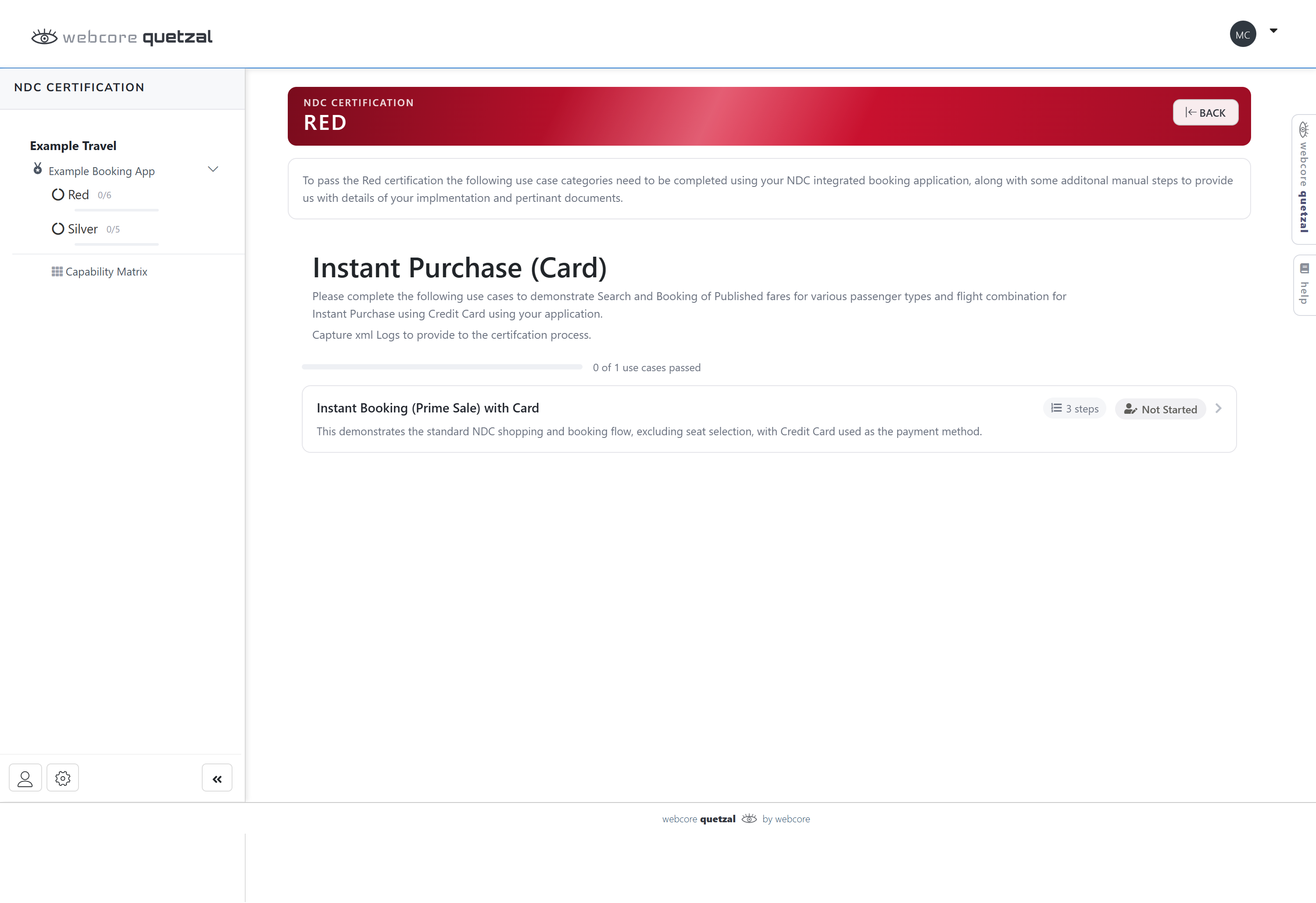 webcore certifi NDC Certification Tool showing a certification level with its use cases and progress