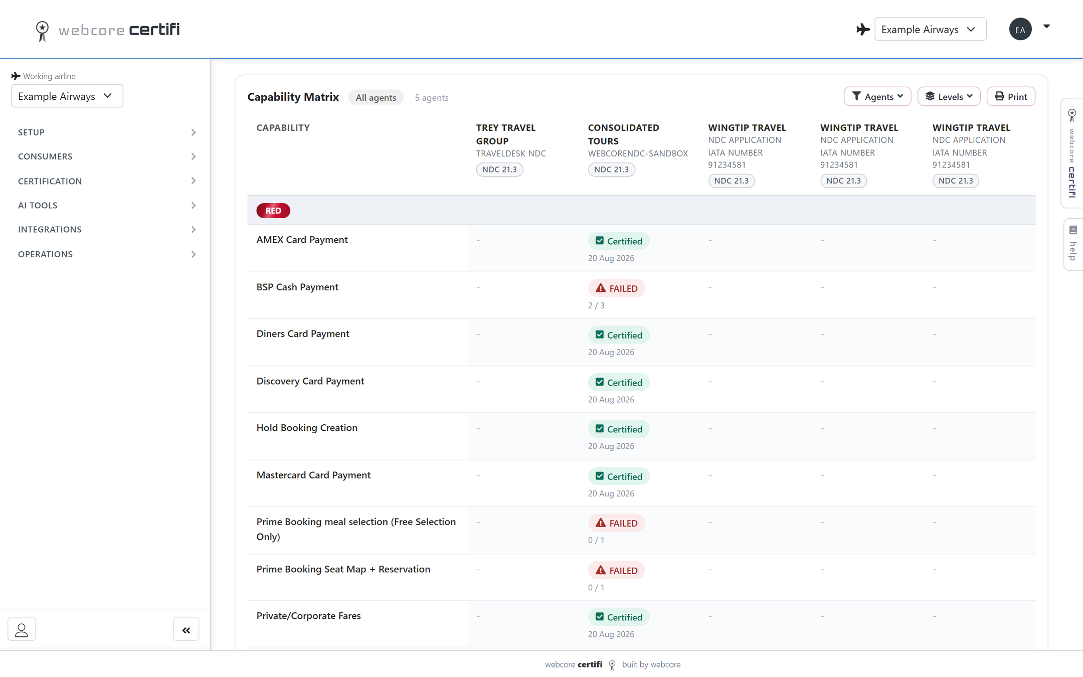 webcore certifi capability matrix listing each capability against every partner application with its certification status, date and NDC version