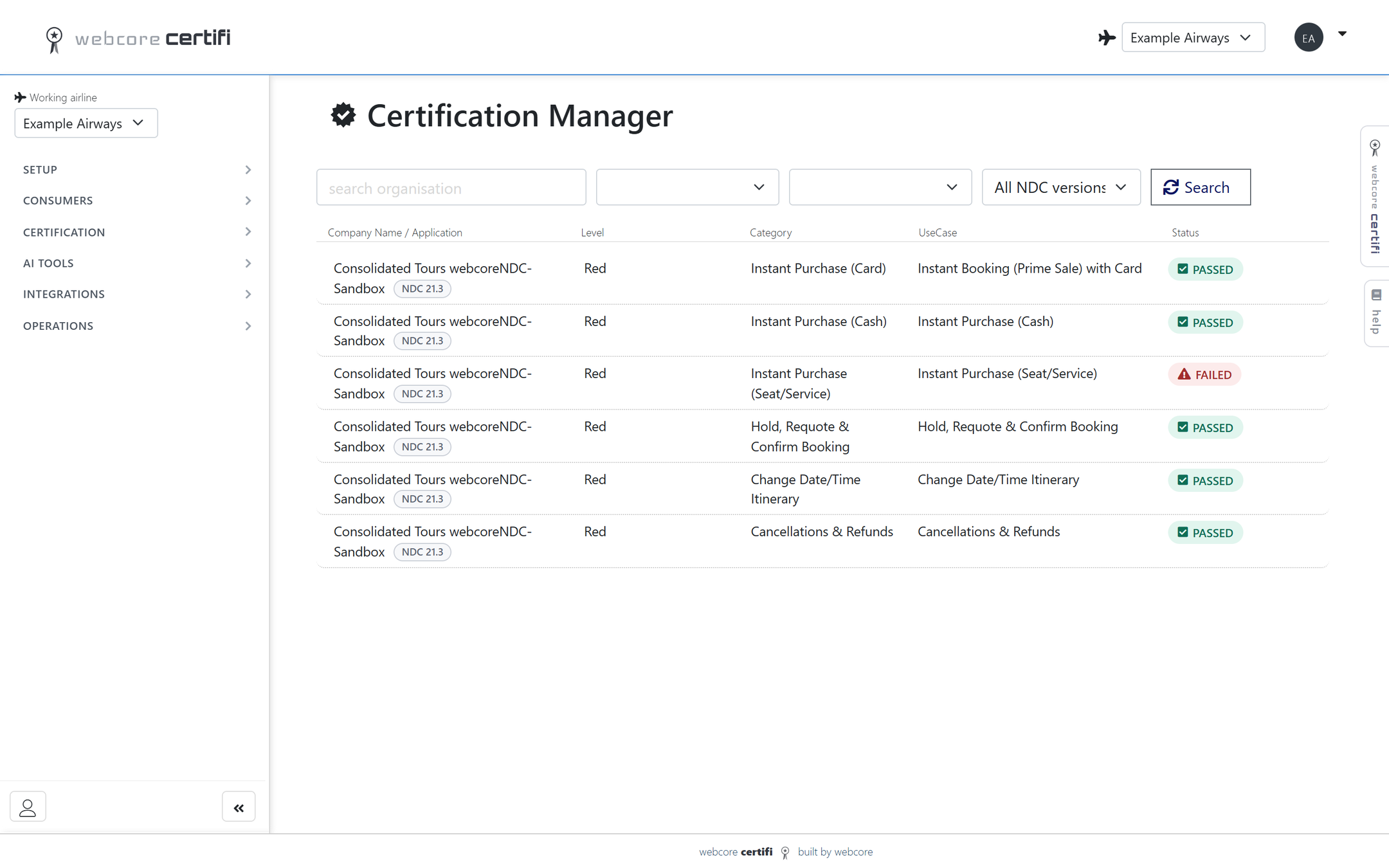 webcore certifi certification manager listing use case results per application with the NDC version of each and a filter by version