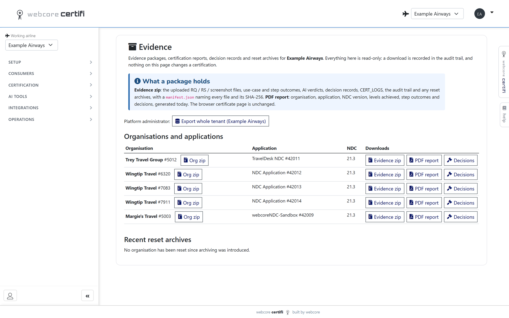webcore certifi evidence screen with an evidence package, PDF report and decision records to download for each organisation and application