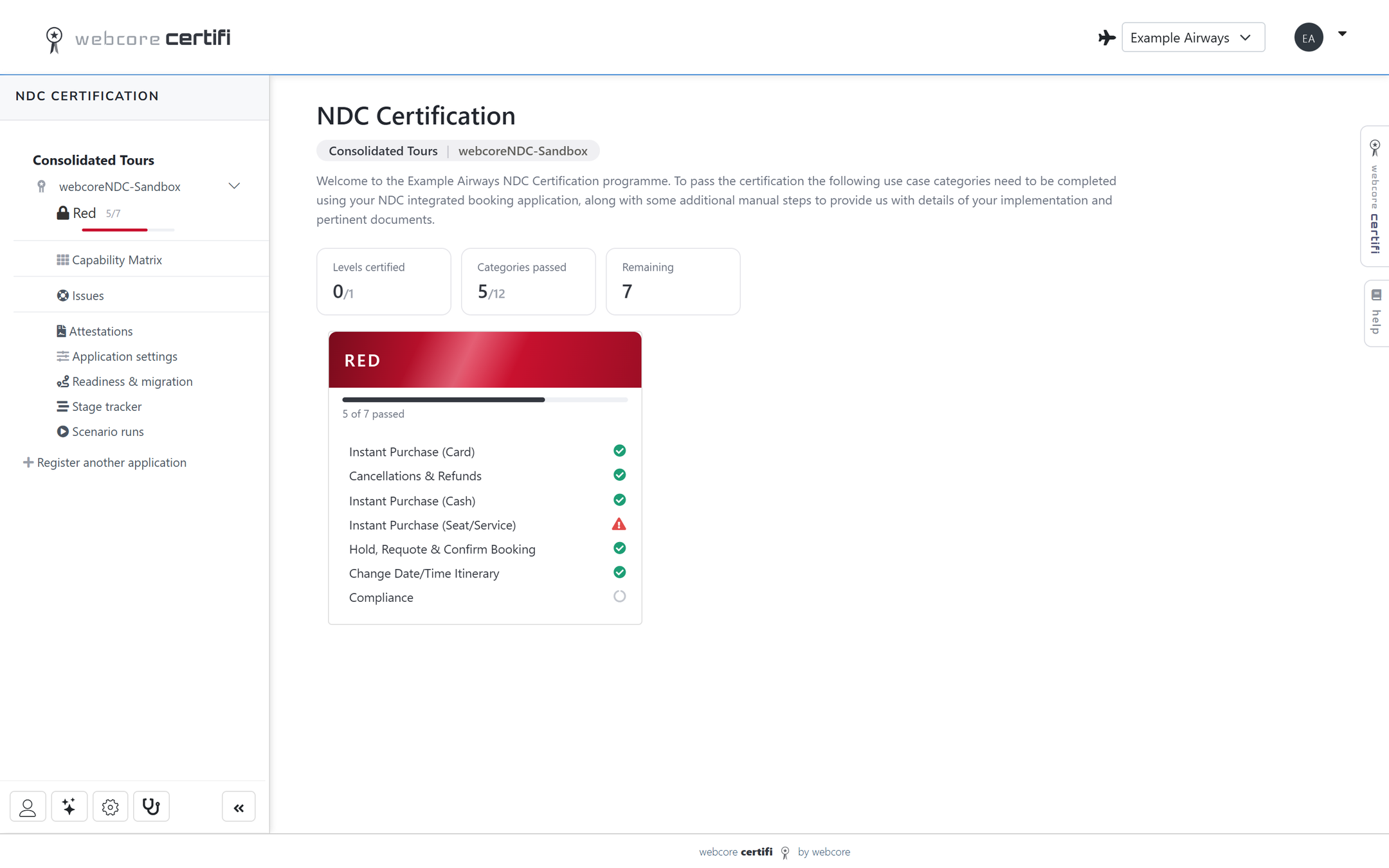 webcore certifi partner dashboard showing a registered application, its certification level and progress through each use case category