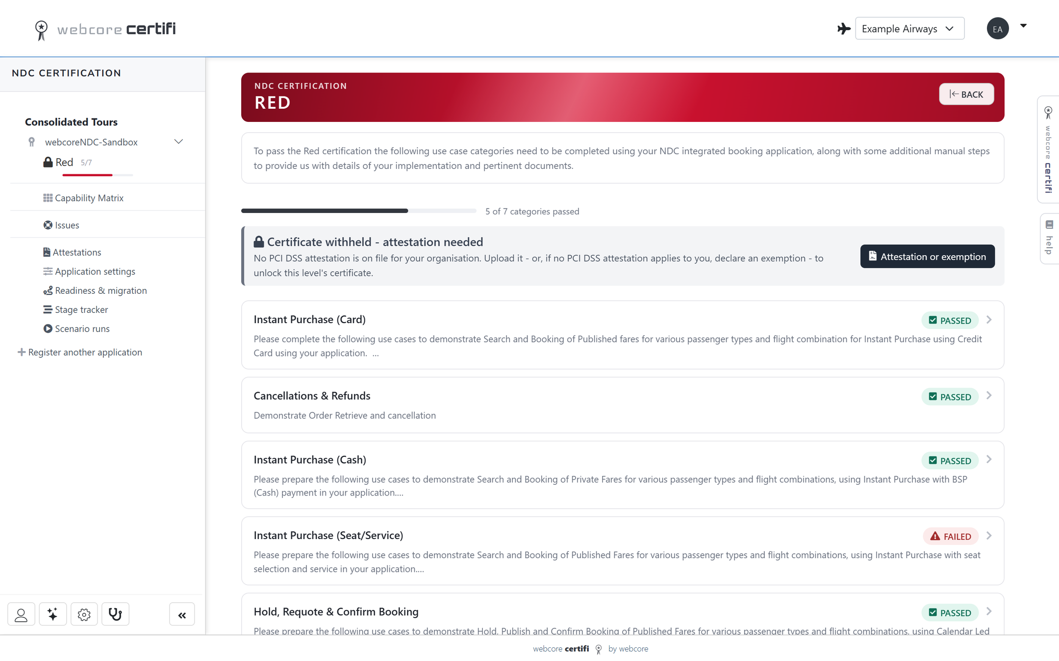 webcore certifi certification level showing each use case category with its status and a certificate waiting for an attestation