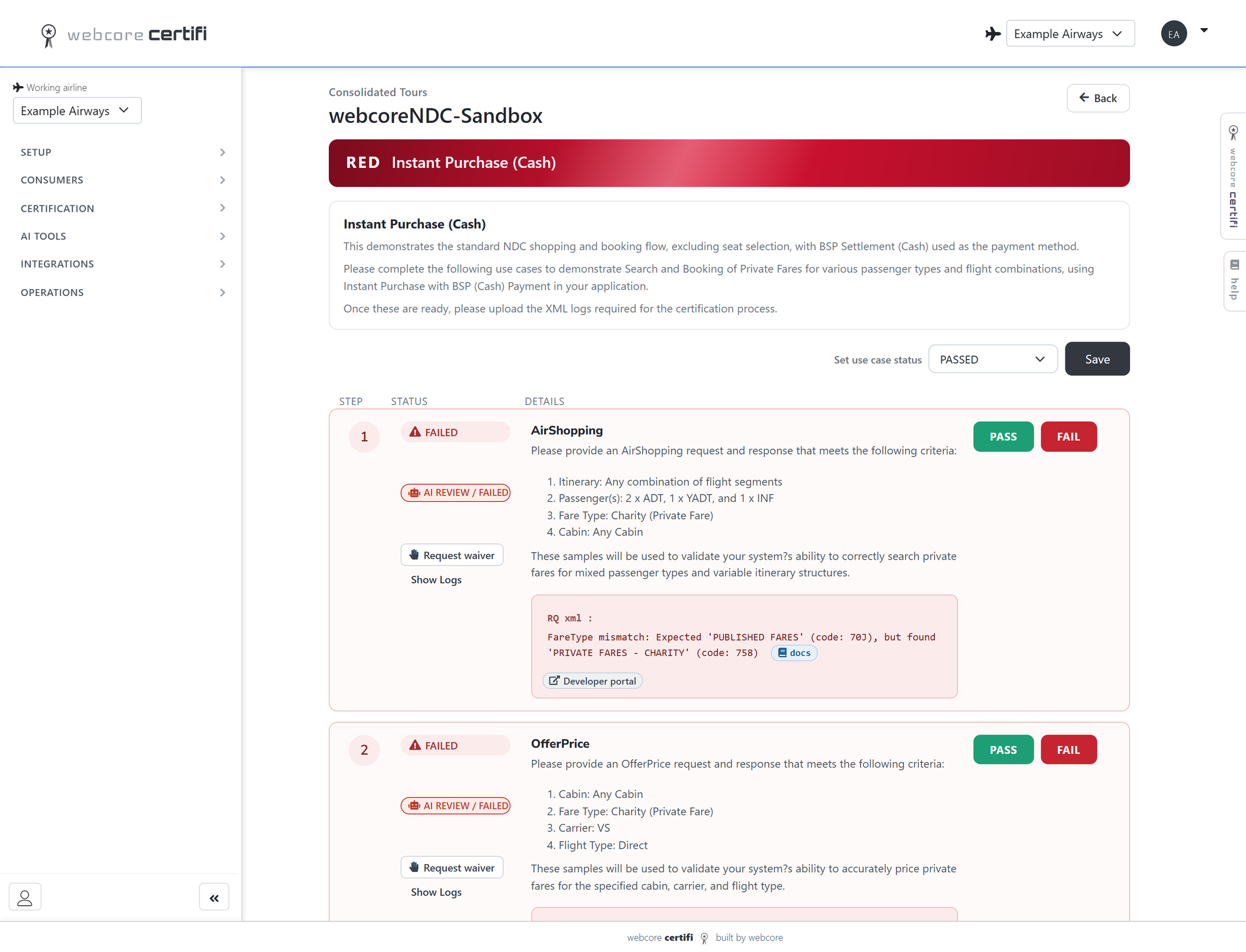 webcore certifi step review showing a failed check that names the expected and found values, a documentation link, the AI review verdict and the reviewer's pass and fail controls
