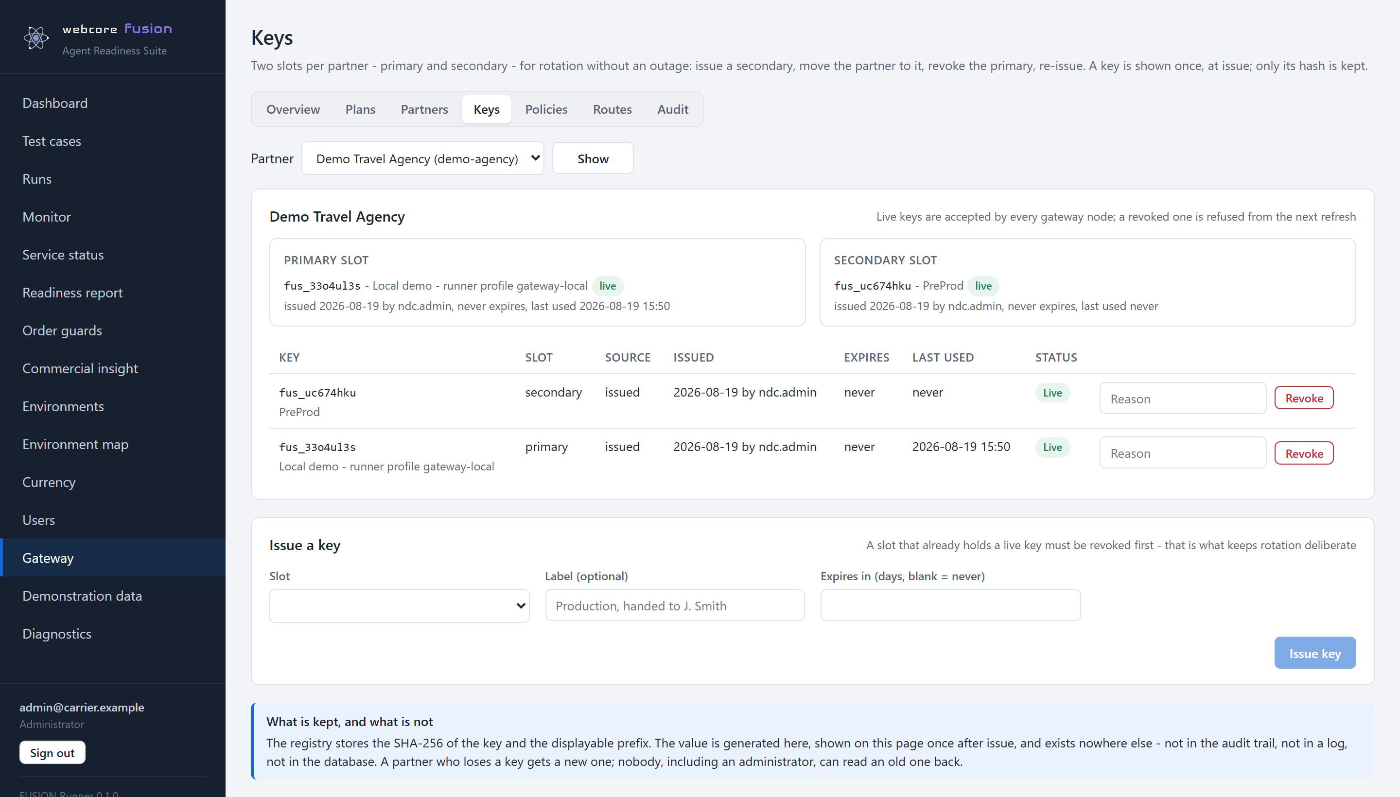 webcore fusion Admin > Gateway > Keys page: a partner's primary and secondary key slots, each key shown as a prefix with its issue date, expiry, last use and live status, a revoke control, and the issue-a-key form