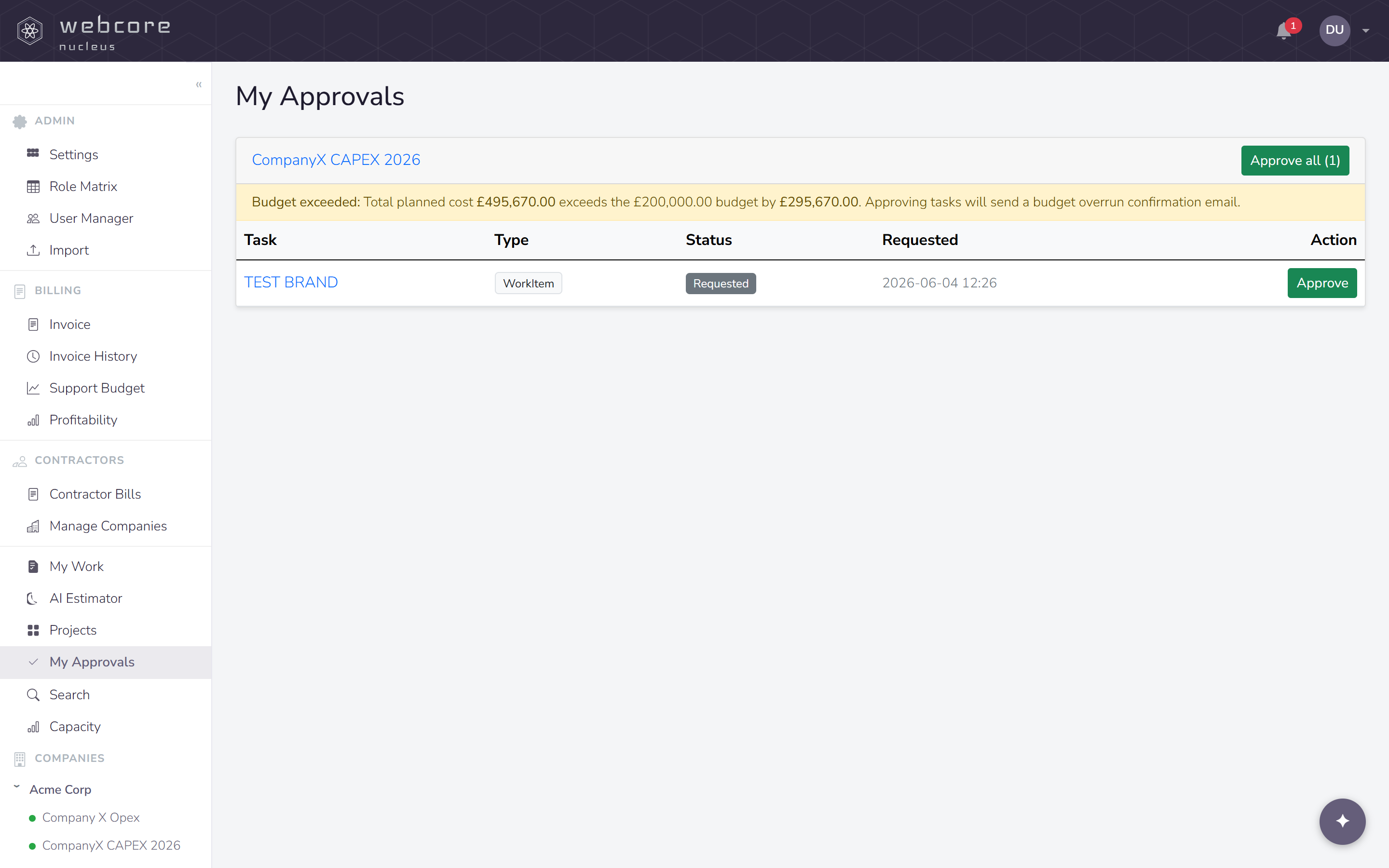 webcore nucleus approvals queue listing tasks awaiting sign-off