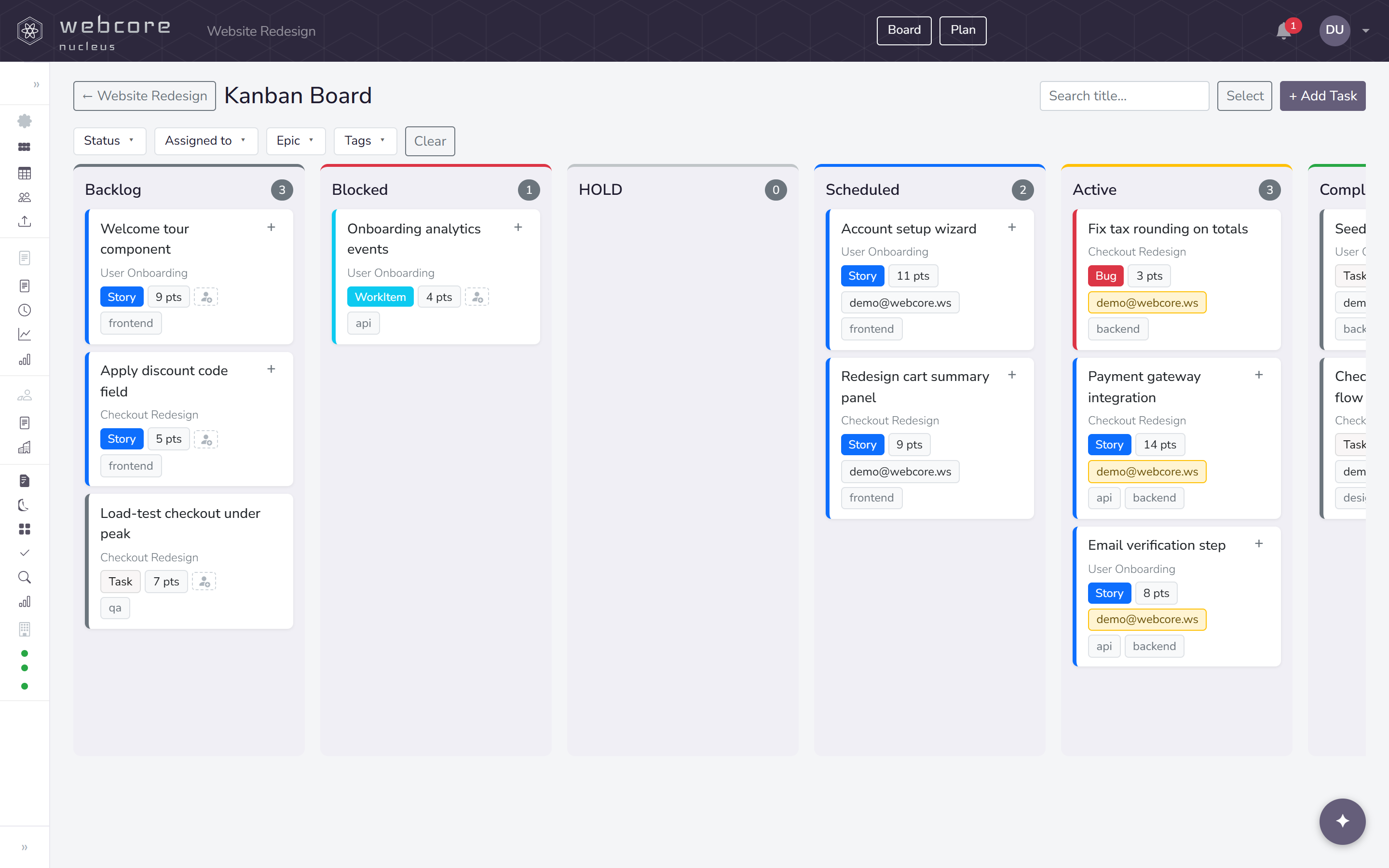 webcore nucleus Kanban board showing tasks across custom workflow columns
