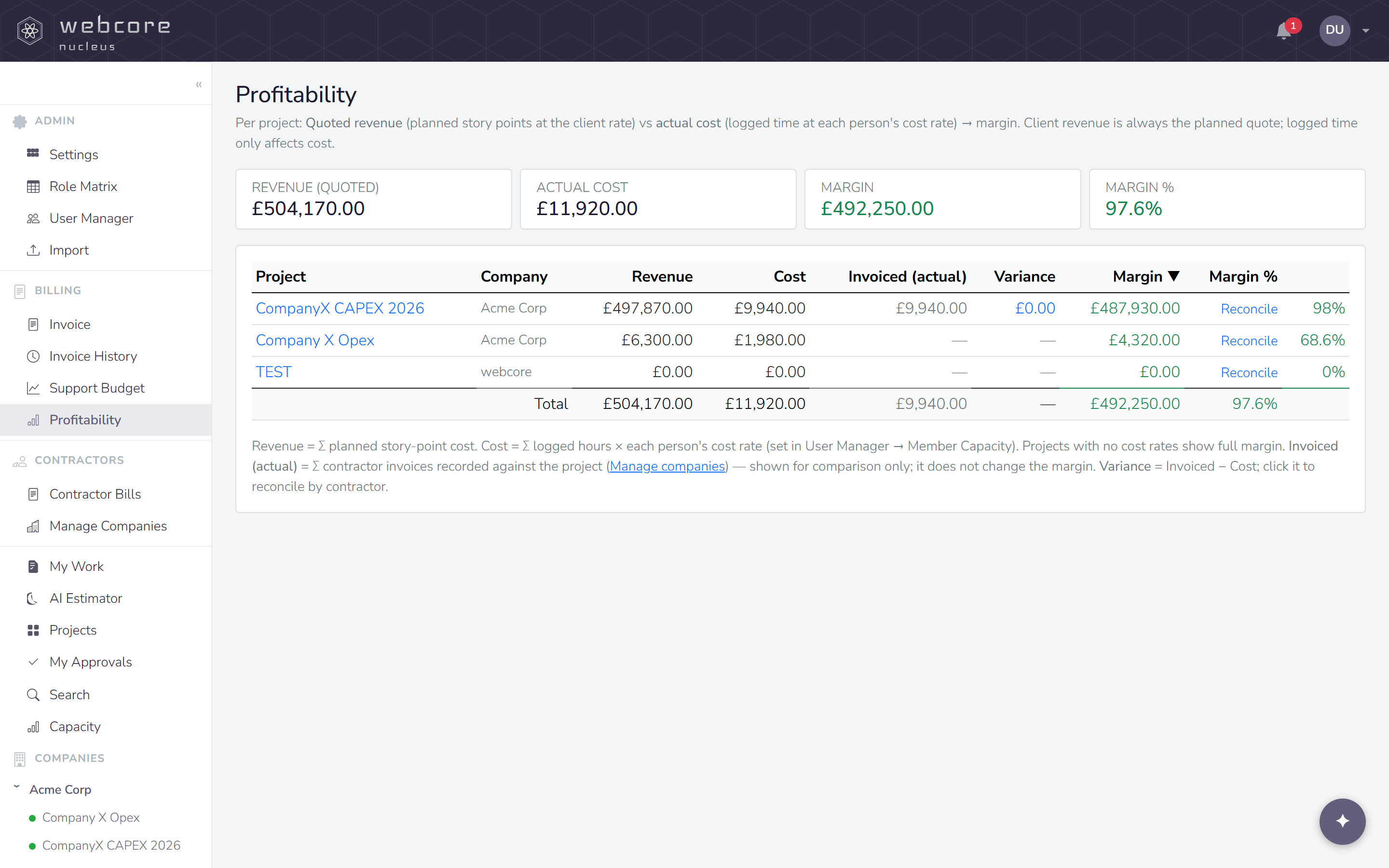 webcore nucleus profitability report comparing project cost against revenue