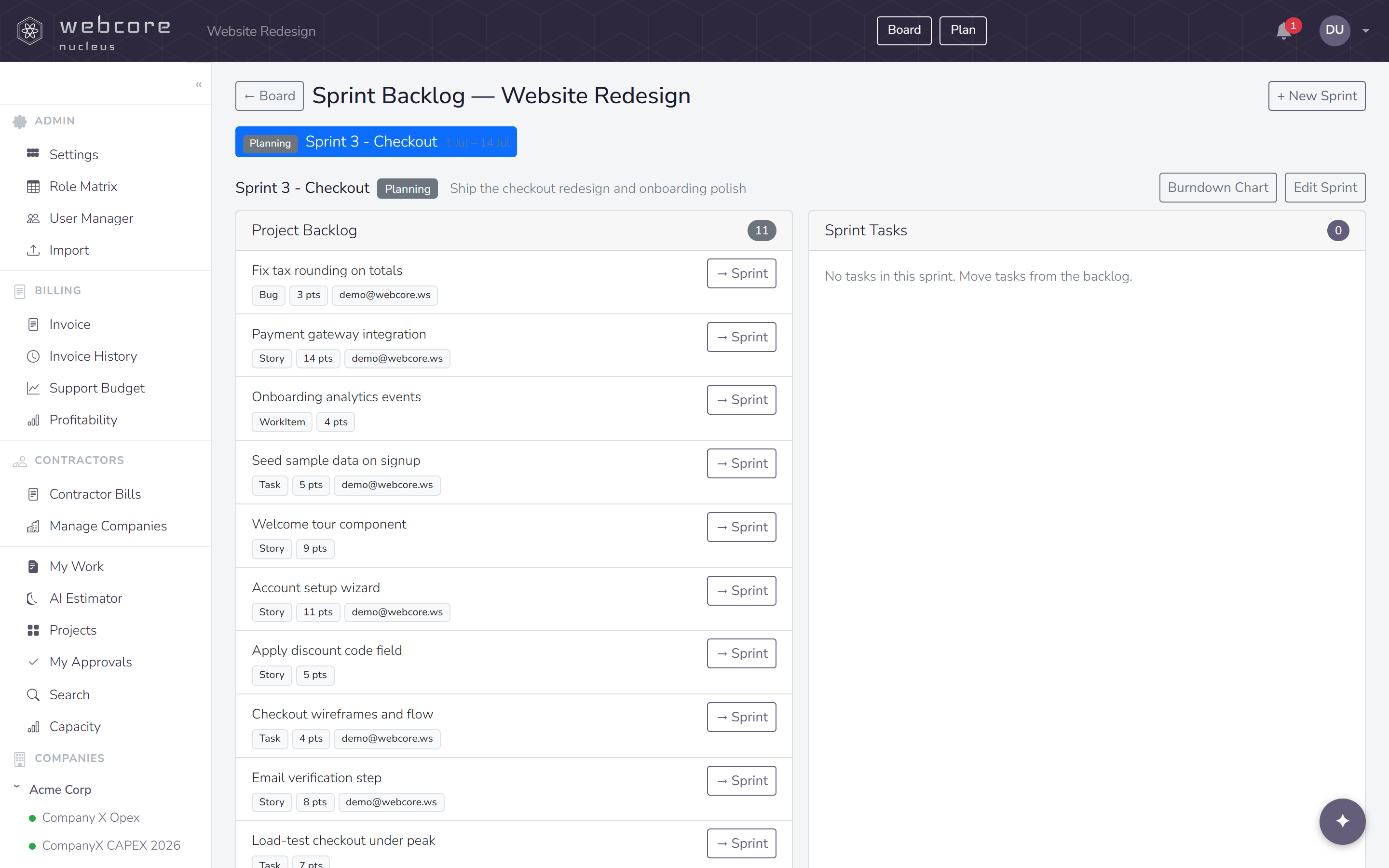 webcore nucleus sprint backlog showing planned work, estimates and sprint assignment