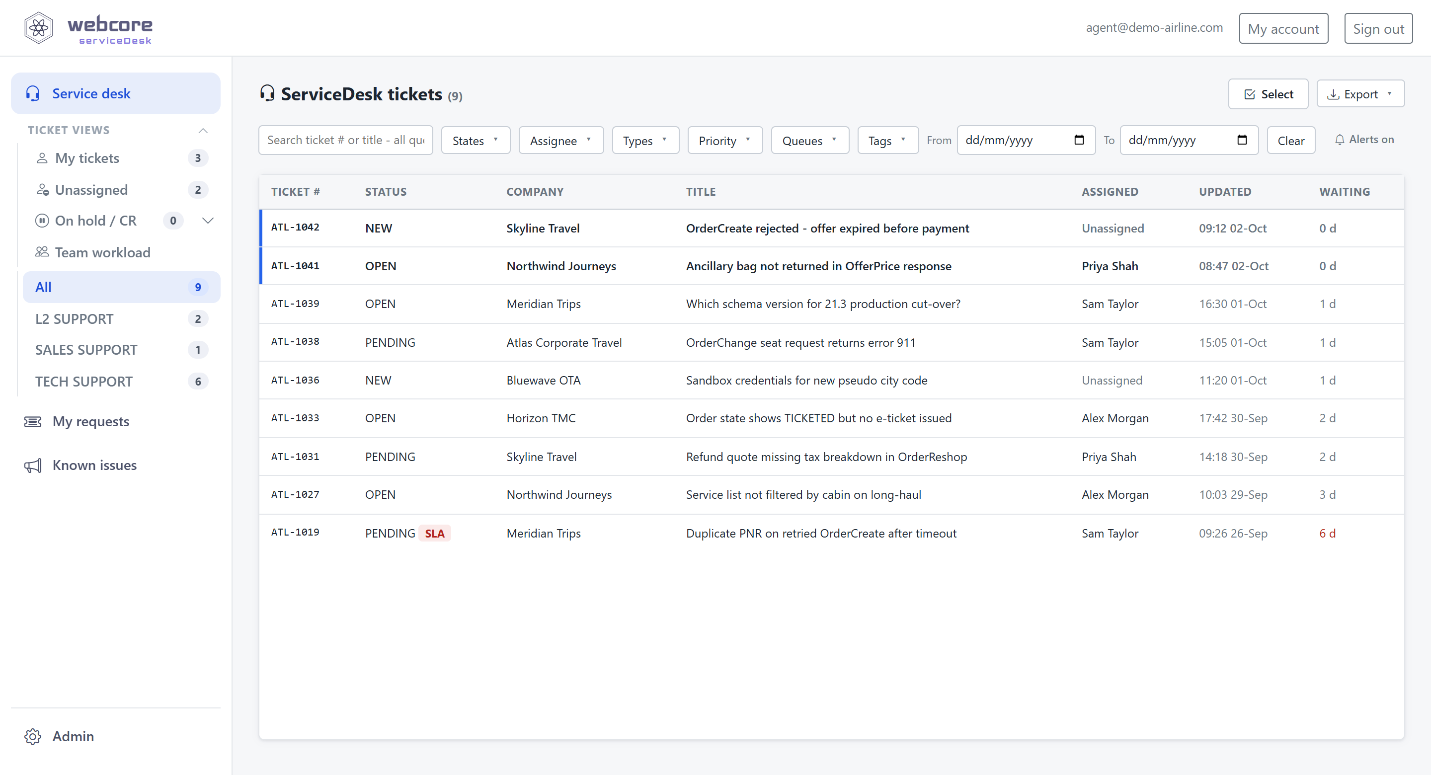 webcore serviceDesk agent desk - NDC partner tickets by queue, status, assignee and SLA