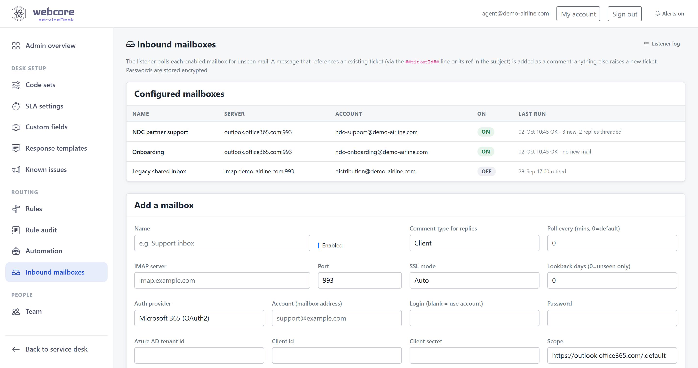 webcore serviceDesk inbound mailboxes - Microsoft 365 OAuth2 mailboxes that turn partner email into tickets