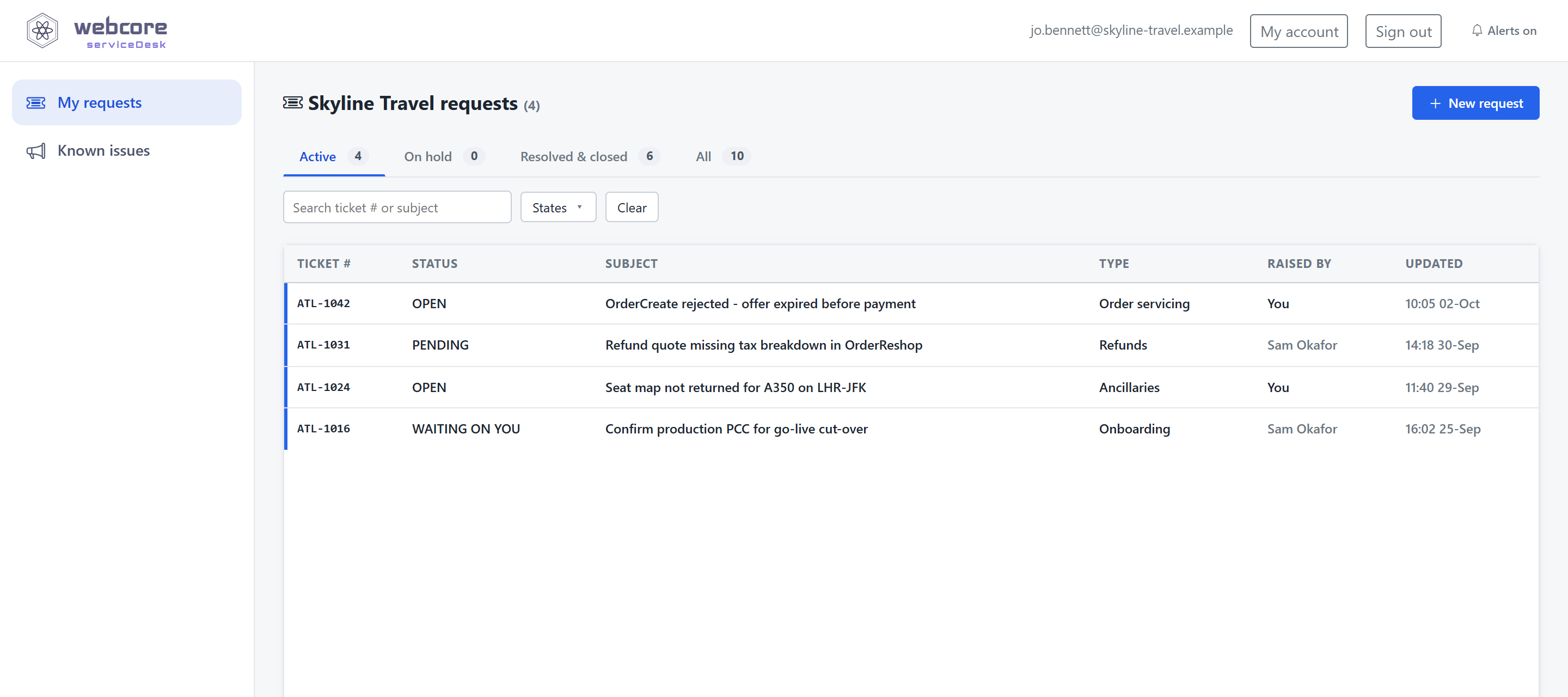 webcore serviceDesk partner portal - a travel seller's own requests with status and history