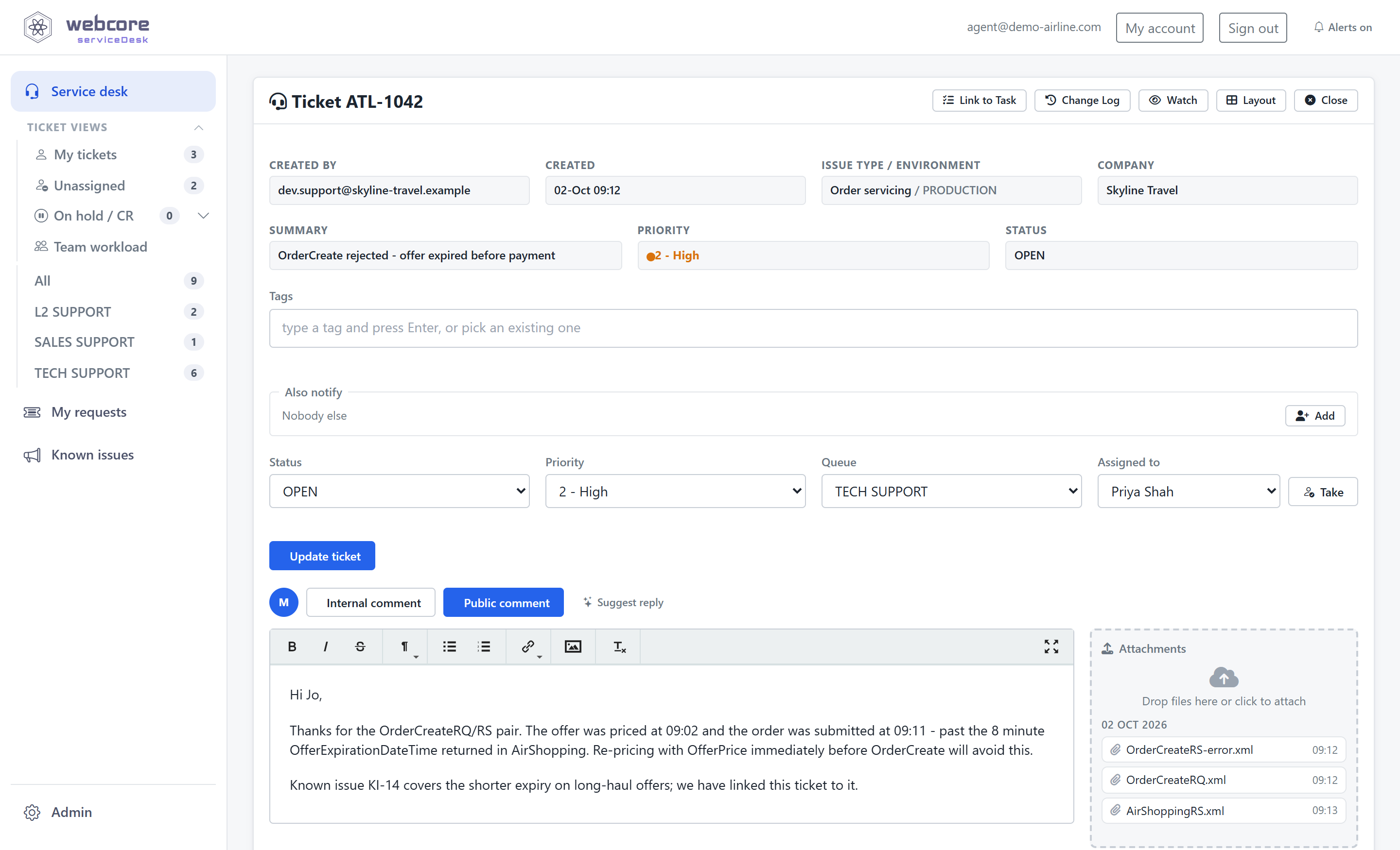 webcore serviceDesk ticket view - partner message, SLA priority, queue, owner and attached NDC messages on one ticket